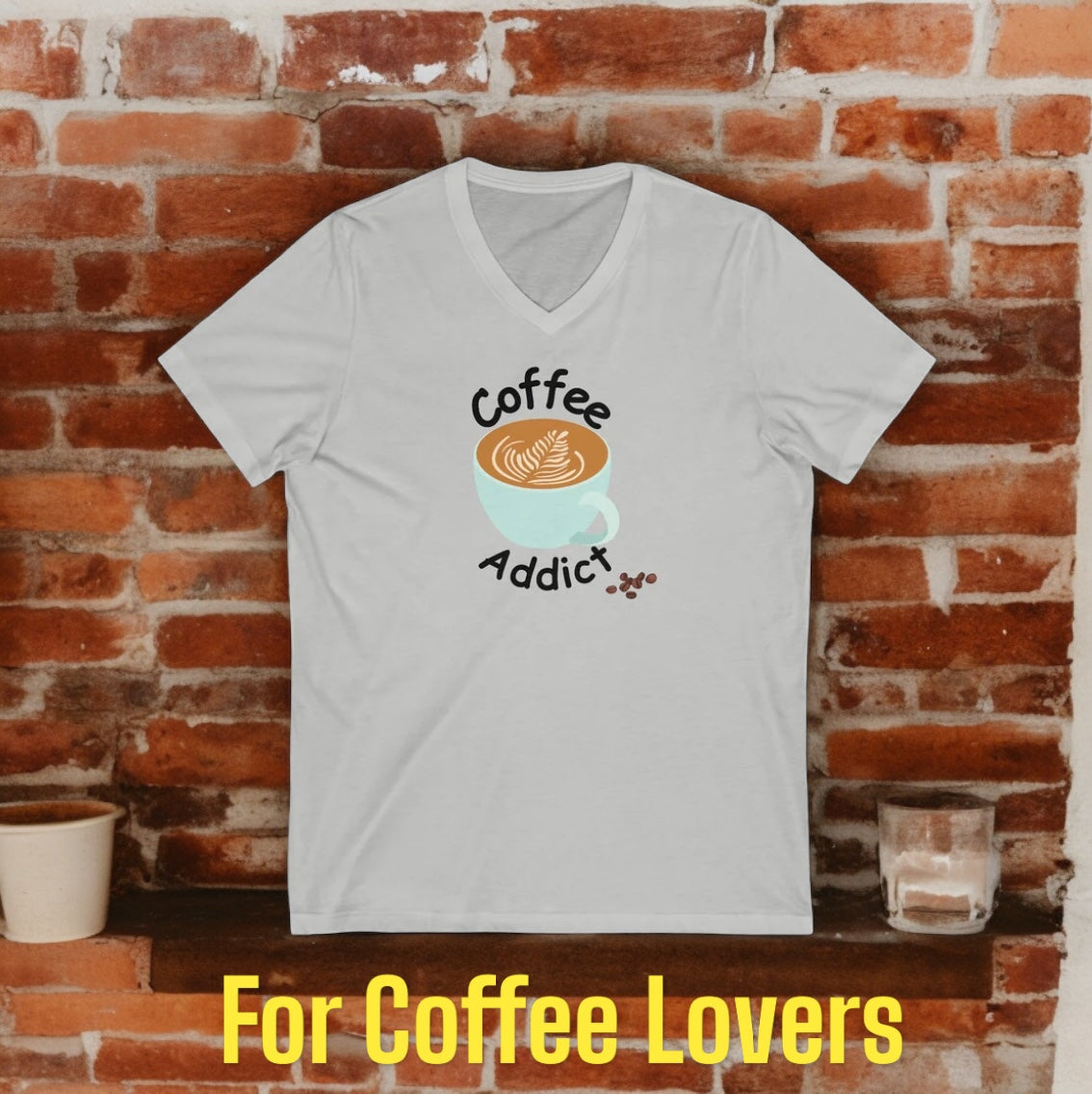 Unisex Jersey Short Sleeve V-Neck Tee “Coffee Addict”